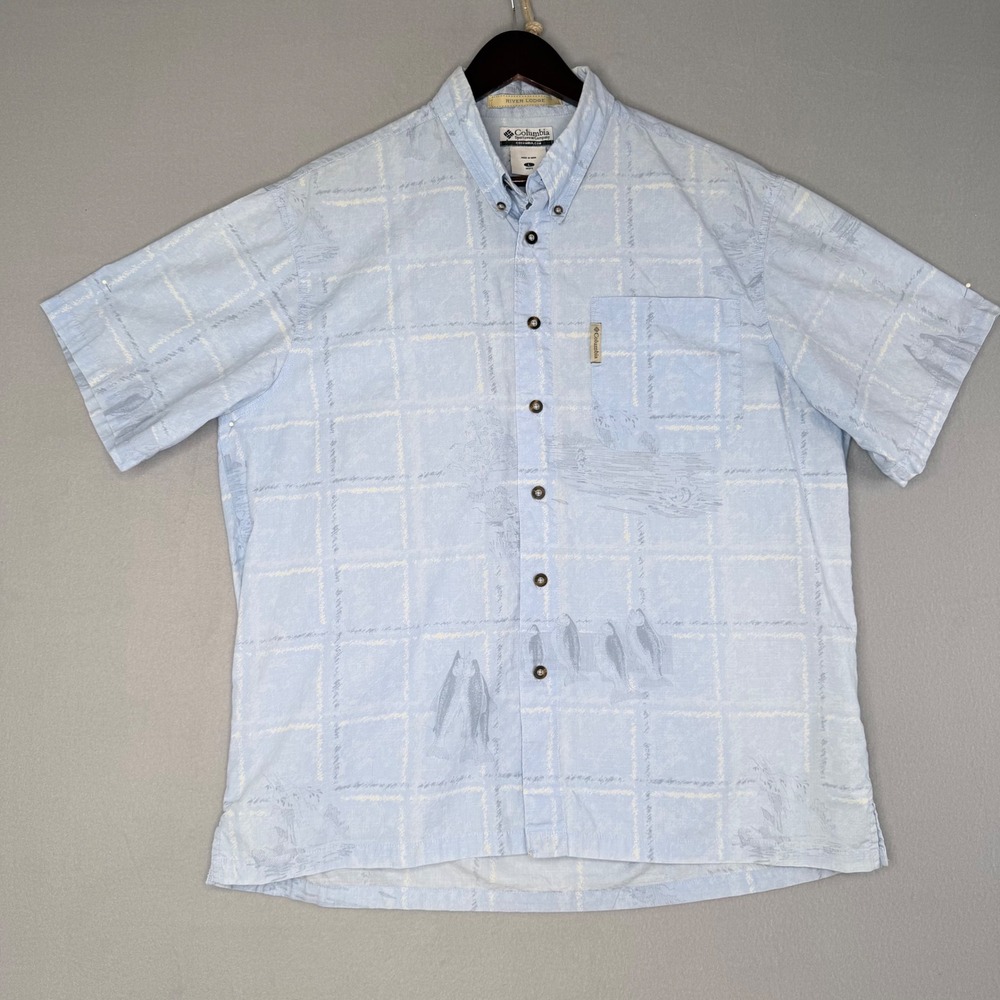Columbia River Lodge Mens Short Sleeve Button Up Shirt Blue Fish Print Size L